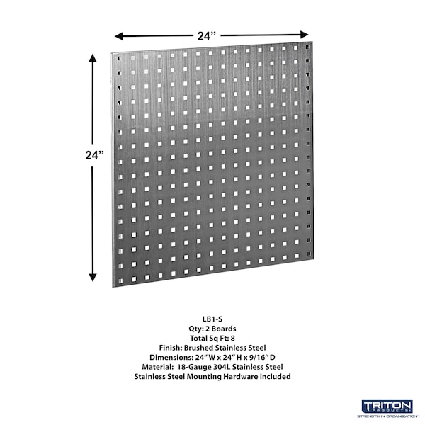 24in W X 24in H 304 Stainless Steel 18-Gauge Steel Square Hole Pegboards 2 & Mounting Hardware